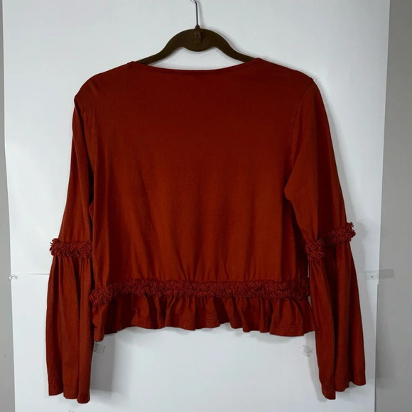 The Roadster Top Women Medium Orange Rust V-Neck Ruffled Long Sleeve Blouse Boho - Picture 11 of 11